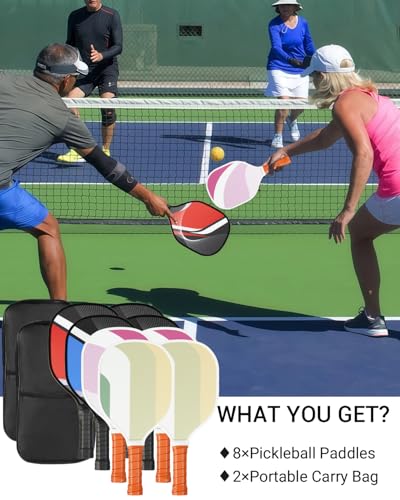 8 Pcs Pickleball Paddles Set of 8 with 2 Carry Bags | 9-Ply Poplar & Carbon Fiber Composite USAPA Approved Paddles | Ideal for Family, Club, Training & Gifts