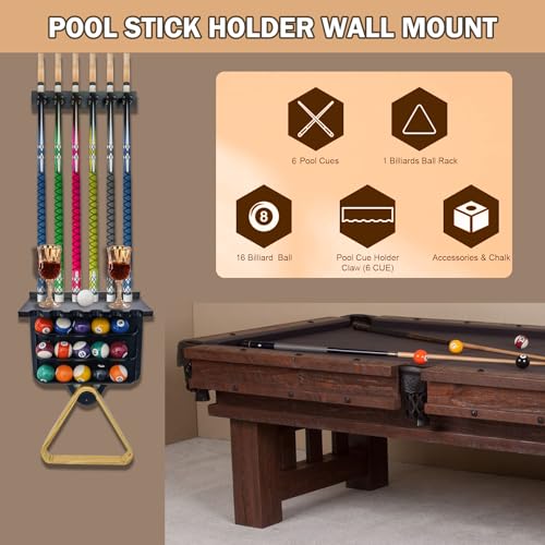 Pool Stick Holder Wall Mount | 6 Cue Rack with Ball Holder & Cue Rest | Engineering Polypropylene Board with Carbon Fiber Veneer | pool cue holder for Game Room & Pool Table Accessories