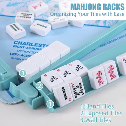 4 Pcs 18.7 Inch Misty Blue Acrylic Mahjong Tile Racks with Pushers for Game Night American Mahjong Racks Tile Set for Mah Jong Lovers and Beginners - color: Misty Blue