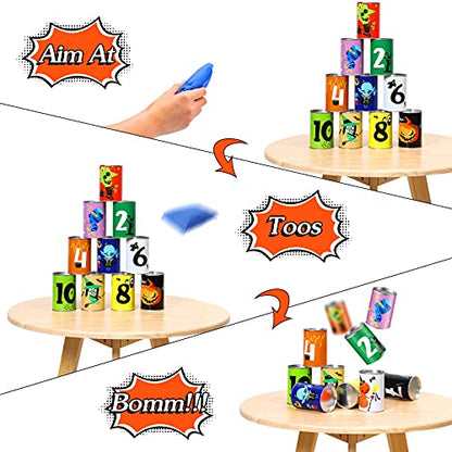 BBTO 14 Pcs Halloween Party Games for Kids Adults Halloween Carnival Bean Bag Toss Games Metal Cans with 3 Bean Bags in Gift Box Boo Basket Stuffers Gifts for Holiday Trick or Treat Party Supplies