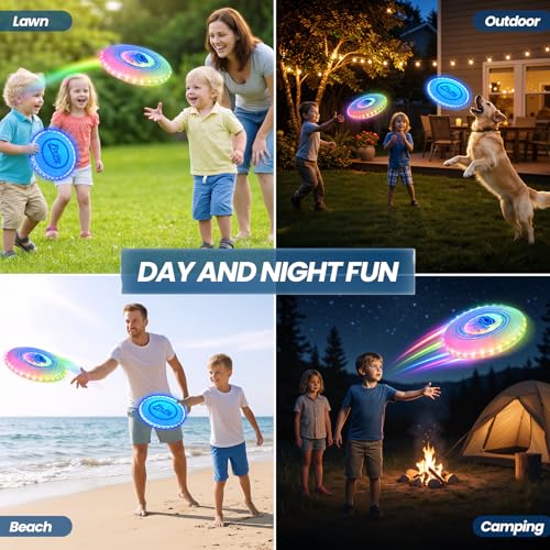 Wee Wonders 2 Pack Light Up Flying Discs for Kids Adults, 10" Rechargeable Disc with 45 LEDs, 14 Lighting Modes & 7.8" Built-in Battery Disc, Glow in The Dark Flying Ring for Beach Camping Sport Game - size: 2PCS: 10in + 7.8"