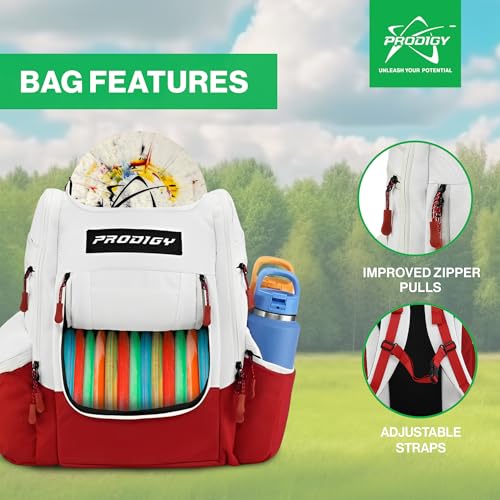 Prodigy Disc Apex XL Disc Golf Bag | Large Disc Golf Backpack | Store 34+ Discs | Premium Big Disc Golf Bags with Cooler - color: Red & White