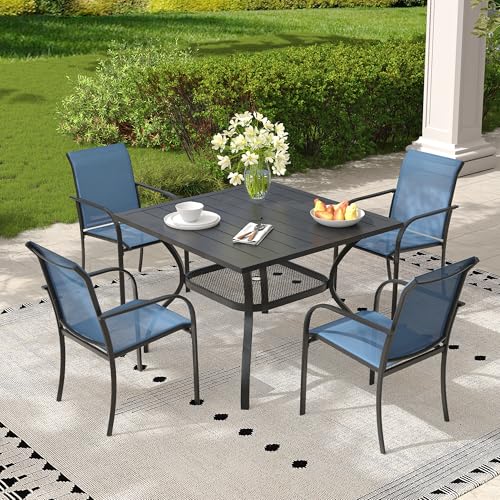 5 Pieces Outdoor Dining Set, Stackable Textilene Paito Chairs & 37.8" Square Dining Table with Umbrella Hole and Shelf, Patio Dining Set for Backyard, Deck, Garden, Dark Blue & Black - color: Dark Blue Chair/Black Table, size: 37.8" Square Table