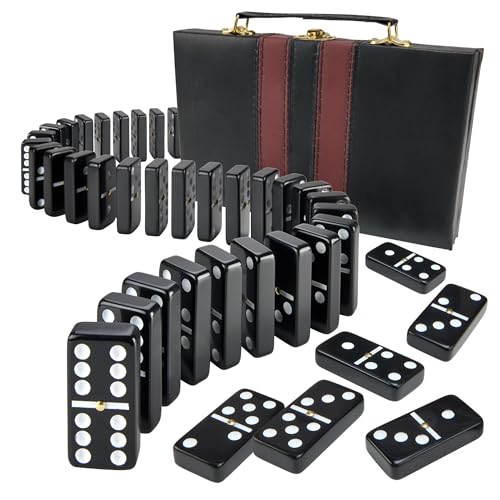 Playbees Jumbo Double Six Dominoes Set - 28 Black Classic Tiles in Faux Leather Case - Fun Educational Toy for Kids, Boys, Girls, Classroom Kit, Classic Game Night Party Favors Set, Travel-Friendly - size: Black, style: Classic