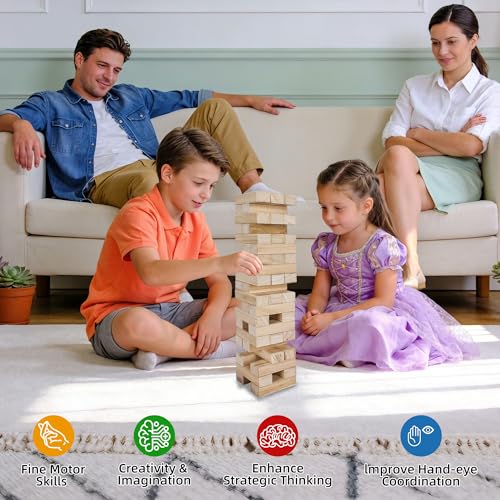 Offelec Tumbling Tower Blocks Games,Large Wooden Blocks Stacking Game for Kids Adults Family Classic Stacking Board Games for Indoor Outdoor Backyard Lawn Stack to Over 3.2Ft- 60pcs with Carrying Bag - style: Over 3.2Ft