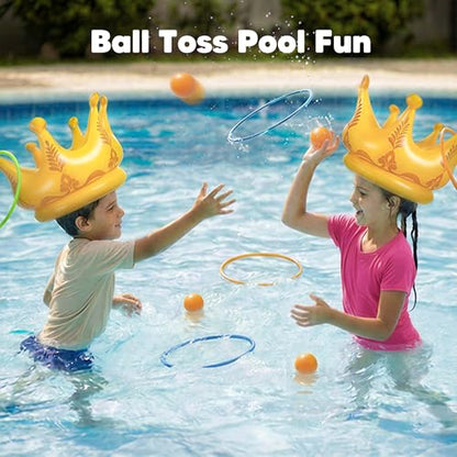 Funscape 2PCS Crown Pool Toy, Toddler Inflatable Water Toss Game w/12 Rings 5 Balls, Outdoor Beach Backyard Lawn Game, Summer Pool Party Decoration Gift 3 4 5 6 7 8 10 Year Old Kids Boy Girl Children