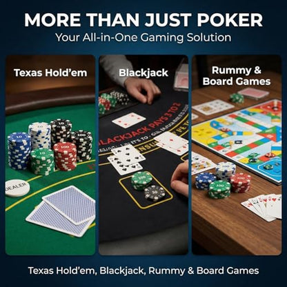HEITOK 300pc Poker Chip Set 11.5g Iron Core Denominations Texas Holdem | 2-8 players, numbered values 1/5/25/100/500, aluminum case, cards, dice, dealer/small/big blind buttons, Blackjack - size: 300 numbered chips set