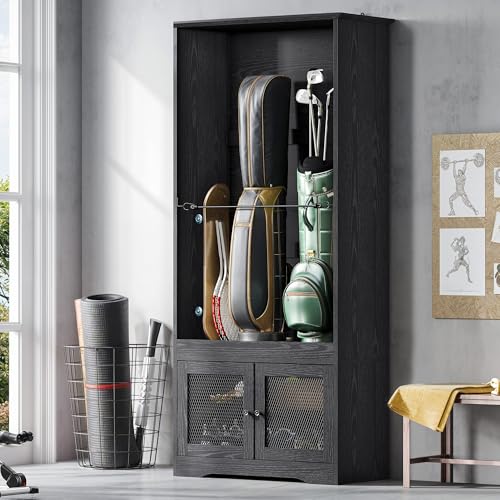 DWVO Golf Bag Organizer - Stylish Wooden Storage Cabinet for Garage & Home, Holds 2 Golf Bags with Turf Mat Protection