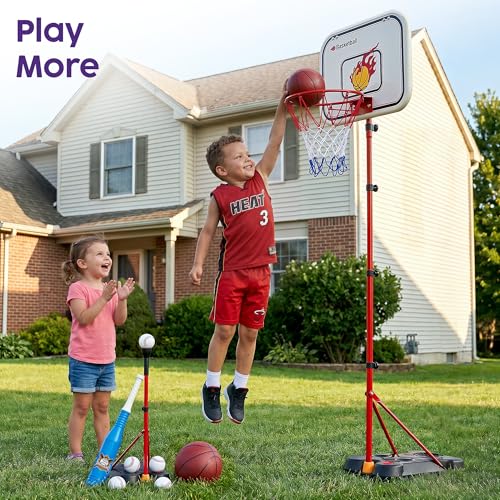 Kids Basketball Hoop Set with T Ball Stand, 4 in 1 Adjustable Kids Sports Toy Indoor Outdoor, Basketball Goal for Kids 2 to 8, Easy Setup, Durable Base, Gift Toy