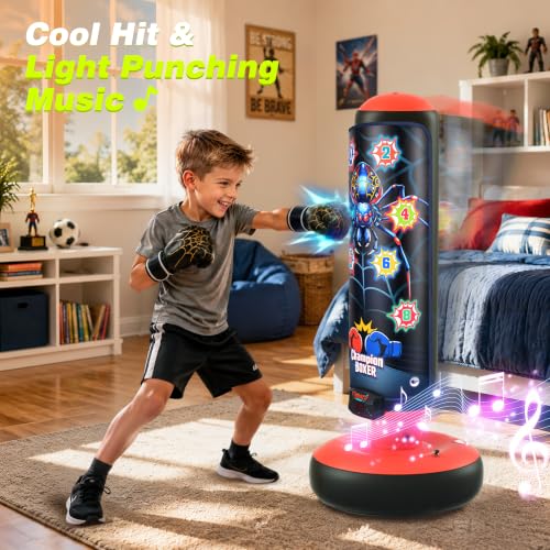 Kids Inflatable Punching Bag with Electronic Score Counter Music Lights 4 Game Modes, Complete Boxing Set with Gloves Air Pump, Indoor Outdoor Martial Arts Toy Gift for Boys Girls 4-12