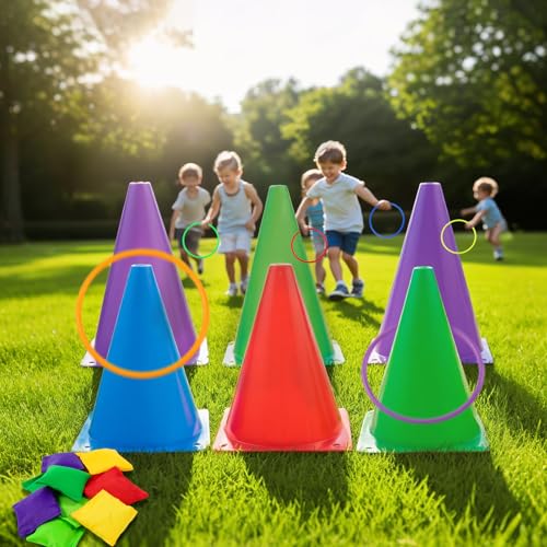 26 Pcs Colorful Ring Toss & Bean Bag Combo Set – Outdoor Carnival Games with 10 Rings, 6 Cones (7.1″), 10 Bean Bags – Backyard Throwing Games for Kids Adults Birthday Party, Field Day, School Festival