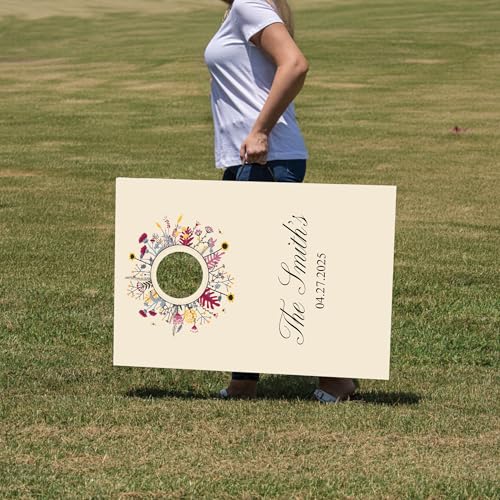 Custom Wedding Cornhole Set Flower Ring with Personalized Name and Wedding Date - Wedding Reception Games