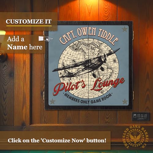 Personalized Dart Board Cabinet Set with 6 Steel Tip Darts, Paper Dartboard, Chalk & Eraser (21.5 x 21.5 x 2.75) - Man Cave Dart Boards for Adults - style: Pilot's Lounge