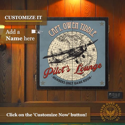 Personalized Dart Board Cabinet Set with 6 Steel Tip Darts, Paper Dartboard, Chalk & Eraser (21.5 x 21.5 x 2.75) - Man Cave Dart Boards for Adults - style: Pilot's Lounge