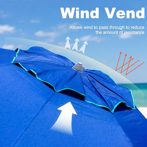 AMMSUN 7ft Heavy Duty HIGH Wind Beach Umbrella with sand anchor & Tilt pole Sun Shelter, UV 50+ Protection Outdoor Sunshade Umbrella with Carry Bag for Patio Garden Beach Pool Backyard Blue - color: Solid Blue