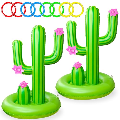 TURNMEON 2 Pack Inflatable Luau Cactus Pool Ring Toss Game Set - 8 Plastic Rings & Wider Base, Adults Summer Hawaiian Beach & Outdoor Party Supplies - color: Inflatable Flamingo Pool Toys