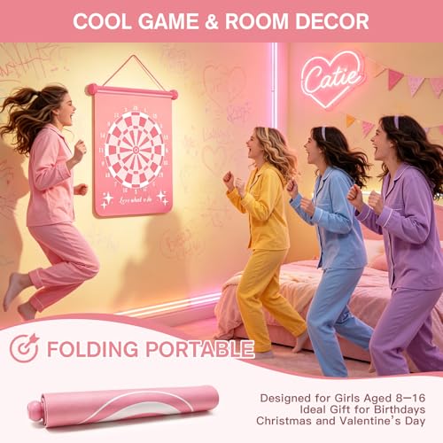 Gitus Pink Magnetic Dart Board Game for Teen Girls, 12 Soft Darts Kids Dart Set, Girls Room Wall Decor, Trendy Gift Ideas for 8-16 Year Old Teenage Girls, Safe Indoor Bedroom Play Toy