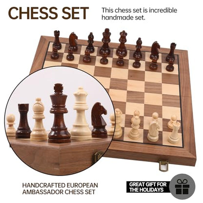 Ajedrez Magnetic Wooden Chess Set, 15" Walnut Folding Chess Board with Handcrafted Staunton Pieces 2 Extra Queens, Portable Travel Chess Board Game for Adults Kids, Gift Box & Storage Bag - color: Gray