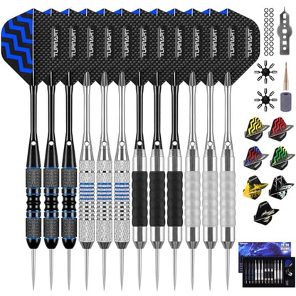 Turnart Darts Metal Tip Set - Steel Tip Darts Darts Set Professional Metal Darts 12 pcs 22/24 Grams Pro Dart Set with Stylish Case Aluminum Shafts Extra 9 Flights - color: Sliver