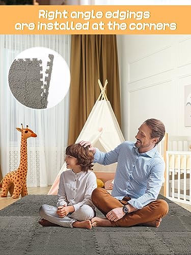 12 pcs Thickened Plush Foam Interlocking Floor Mat, Interlocking Foam Tiles with Edgings for Kids, Soft Anti-Slip Puzzle Area Square Rug Playmat for Children Room Bedroom(11.8", Gray) - color: Grey