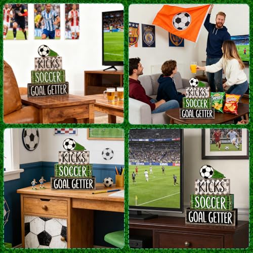 DIYDEC 4Pcs World Cup Tabletop Decorations Soccer Wooden Block Signs Gift RusticSoccer Goal Tiered Tray Decor World Cup Table Centerpiece for Home Office Tabletop Fireplace Party Decor - style: Soccer