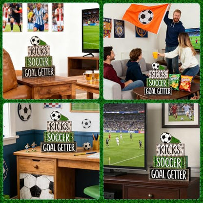DIYDEC 4Pcs World Cup Tabletop Decorations Soccer Wooden Block Signs Gift RusticSoccer Goal Tiered Tray Decor World Cup Table Centerpiece for Home Office Tabletop Fireplace Party Decor - style: Soccer