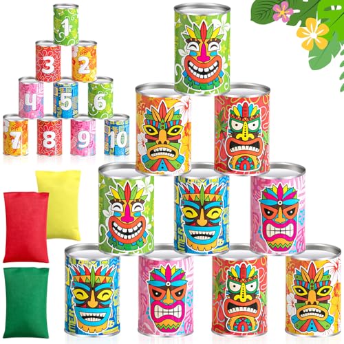 Jingmore Luau Party Games Tiki Can Toss Game Bean Bag Toss with 10 Tin Cans and 3 Bean Bag for Summer Luau Family Birthday Tropical Hawaii Aloha Indoors Outdoors Activities Party Supplies - style: Luau
