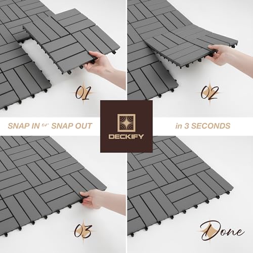 9Pcs Premium Acacia Wood Interlocking Patio Deck Tiles, 12 x 12 x 0.9 Inch Outdoor Flooring, Waterproof for All-Weather Use – Crossed, Gray