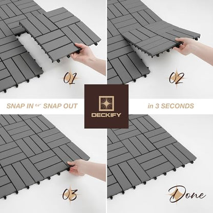 9Pcs Premium Acacia Wood Interlocking Patio Deck Tiles, 12 x 12 x 0.9 Inch Outdoor Flooring, Waterproof for All-Weather Use – Crossed, Gray