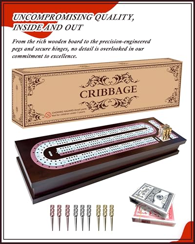 Wooden Cribbage Board Game Set with Cards & Metal Pegs – Foldable 3 Track Cribbage Board with Magnetic Lock, Large Storage Area – Travel Portable Cribbage Game for Adults & Family