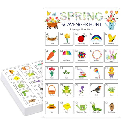 Hoolerry 30 Pcs Scavenger Hunt for Kids Road Trip Game Car Spring Summer Wedding Scavenger Hunt Cards Travel Activities Camping Games Outdoor Indoor Seek Activity for Kids Adults (Spring) - style: Spring
