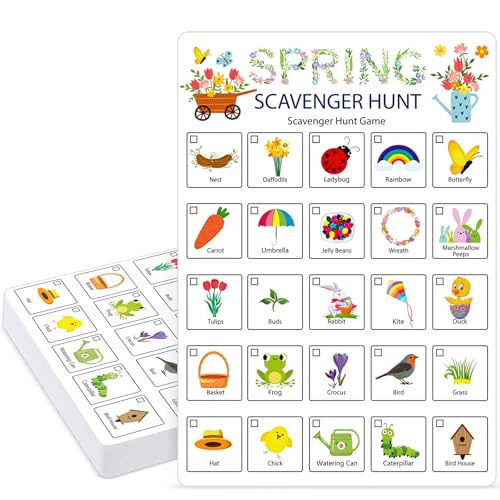 Hoolerry 30 Pcs Scavenger Hunt for Kids Road Trip Game Car Spring Summer Wedding Scavenger Hunt Cards Travel Activities Camping Games Outdoor Indoor Seek Activity for Kids Adults (Spring) - style: Spring