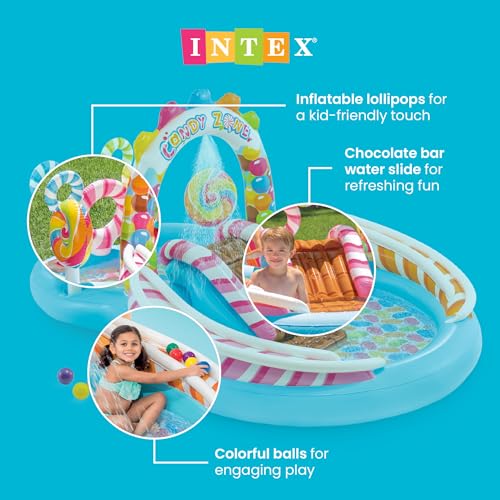 INTEX Candy Zone Inflatable Kiddie Pool: Inflatable Kids Pool with Water Sprayer and Slide – Splash Pad – 116" x 75" x 51" – Ages 3+ - color: Multicolor, size: 116" x 75" x 51"