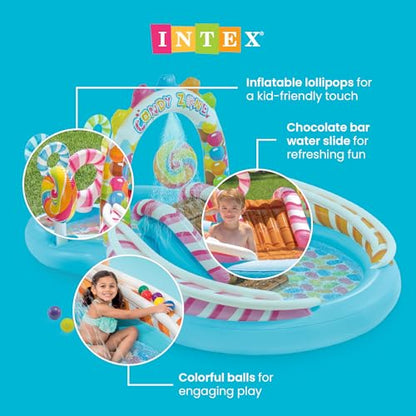 INTEX Candy Zone Inflatable Kiddie Pool: Inflatable Kids Pool with Water Sprayer and Slide – Splash Pad – 116" x 75" x 51" – Ages 3+ - color: Multicolor, size: 116" x 75" x 51"