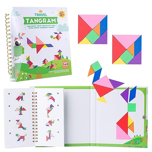 Vanmor Travel Tangram Puzzle with 2 Sets Magnetic Plate-Montessori Shape Pattern Blocks Jigsaw Road Trip Games with 368 Solution - IQ Book Educational Toy Brain Teaser Gift for Kids Adults Challenge - style: 368 Solution