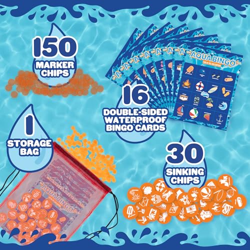 Pool Bingo Diving Game for Kids- Summer Party Fun Edition- Dive for & Call 30 Sinking Tropical Themed "Numbers", Fill Your Card- 150 Marker Chips 16 Double Sided Waterproof Play Cards, Toy Storage Bag - style: Fun In The Sun