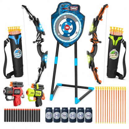 VROGTIK 2 Pack Kids LED Bow and Arrow Set with Standing Target, 20 Suction Cup Arrows, 2 Quivers & Foam Dart Toys, Indoor Outdoor Archery Toy Gift for Boys Girls Ages 3-12 - color: Blue/Green