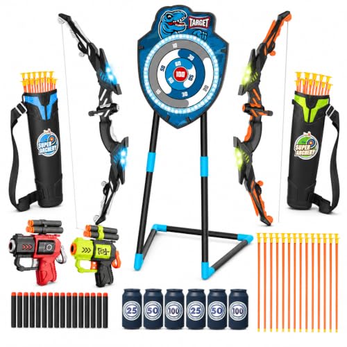 VROGTIK 2 Pack Kids LED Bow and Arrow Set with Standing Target, 20 Suction Cup Arrows, 2 Quivers & Foam Dart Toys, Indoor Outdoor Archery Toy Gift for Boys Girls Ages 3-12 - color: Blue/Green