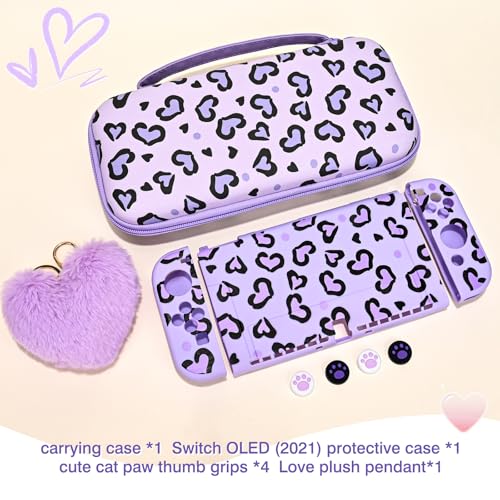 DLseego Love Leopard Carrying Case for Switch OLED 2021 Accessories Set, Portable Carrying Case with 1 Soft TPU Shell & 1PCS Plush Pendant & 12 Slots & 4PCS Cat Paw Thumb Grips Caps - Purple - color: Purple