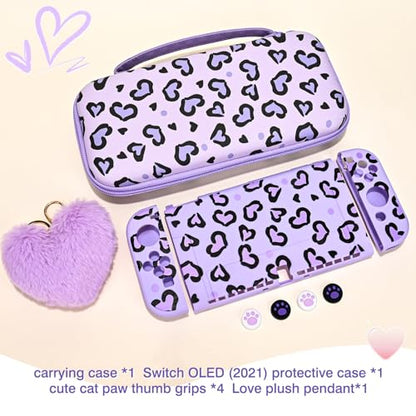 DLseego Love Leopard Carrying Case for Switch OLED 2021 Accessories Set, Portable Carrying Case with 1 Soft TPU Shell & 1PCS Plush Pendant & 12 Slots & 4PCS Cat Paw Thumb Grips Caps - Purple - color: Purple