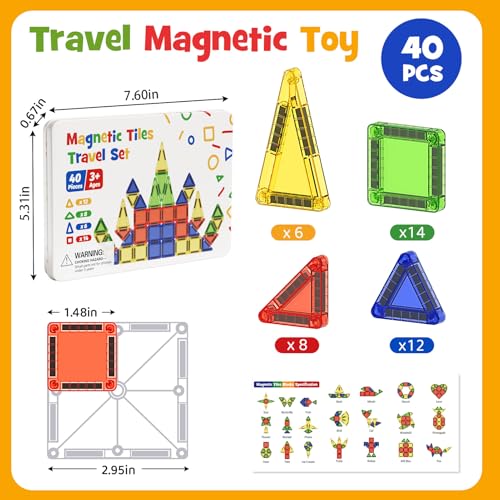 Mini Magnetic Tiles for Kids Travel - 40pcs STEM Building Blocks with Visual Storage Guide & Metal Box Play Base, Toddler Airplane Activities Toys for Ages 3-5,4-8, Compact Travel Toys - style: Glossy Surface Mini Magnetic Tiles - 40 PCS