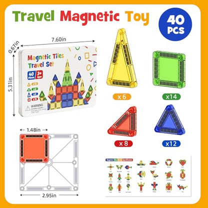 Mini Magnetic Tiles for Kids Travel - 40pcs STEM Building Blocks with Visual Storage Guide & Metal Box Play Base, Toddler Airplane Activities Toys for Ages 3-5,4-8, Compact Travel Toys - style: Glossy Surface Mini Magnetic Tiles - 40 PCS