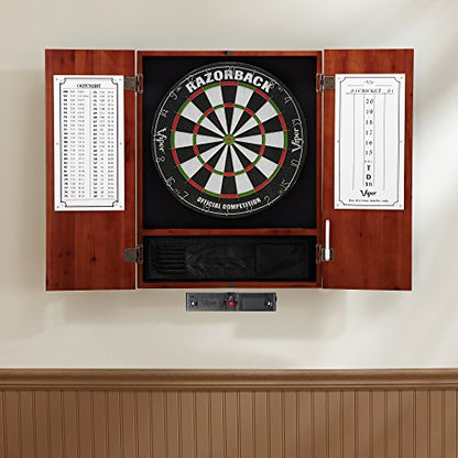 Viper Metropolitan Solid Wood Cabinet & Sisal/Bristle Dartboard Play-Ready Bundle: Elite Set (Razorback Dartboard, Darts and Laser Throw Line), Cinnamon Finish