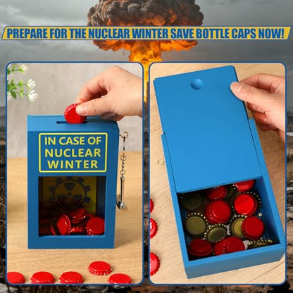 Nuclear Winter Bottle Cap Stash Box, 30 Red Caps Gag Gifts for Men | Post Apocalyptic Caps Saving Piggy Bank w/ Mini Hammer & Letter, Retro Blue Yellow Wood Decor for Wasteland Game Fans Adults - style: Nuclear Winter Emergency Box