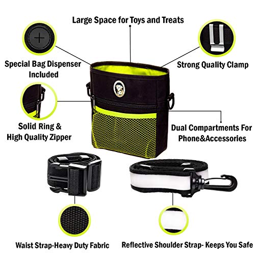 Dog Treat Pouch for Training & Walking, Pet Treat Bag with Poop Bag Dispenser, Pro Clicker, Collapsible Travel Bowl & Reflective Shoulder Strap - Black/Green