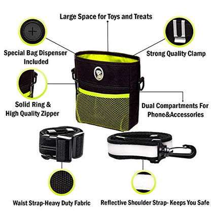 Dog Treat Pouch for Training & Walking, Pet Treat Bag with Poop Bag Dispenser, Pro Clicker, Collapsible Travel Bowl & Reflective Shoulder Strap - Black/Green