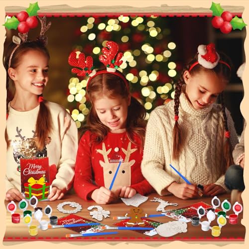 Saypacck 24 Pcs Christmas Party Favors Wooden Painting Craft Kits Birthday Party Supplies with Organza Bag for Goodie Bags Fillers Adult Thank You Gifts - style: Christmas