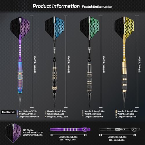 CyeeLife Darts Plastic Tip, Professional Soft Tip Darts Set for Electronic Dartboard 12pcs with 50 Extra Tips 12 Shafts 24 Flights 2 Flight Protctors 20 Rubber O Rings Shaft Lock System and Dart Tool
