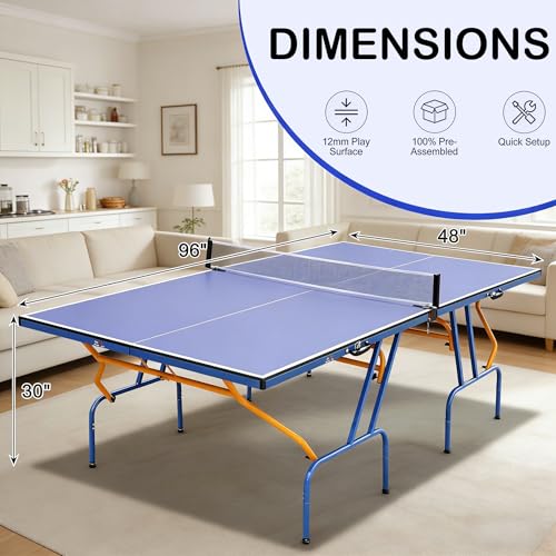 Generic Blue Folding Rolling Table Tennis Table Indoor and Outdoor Table Tennis Table, 2 Rackets, 3 Balls, 1 Net and 4 Wheels Set Behind It for Easy Movement