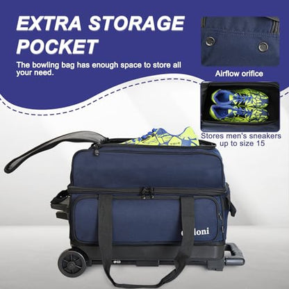 Goloni Double Roller 2 Ball Bowling Bag with Separate Shoe Compartment,2 Ball Bowling Bag with Wheels,Retractable Handle Extends to 40" - color: Dark Blue